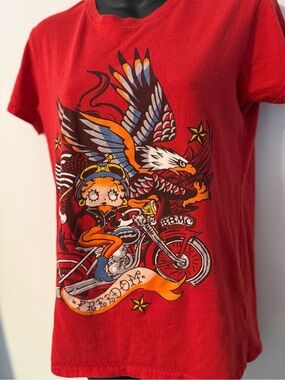 Betty Boop Red Short Sleeve Tee with Motorcycle, Eagle & Star Graphic